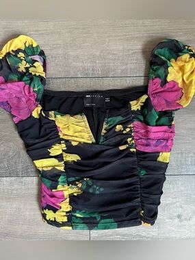 Y2K Floral Milkmaid Corset Top Puff Sleeve Crop US 4 ASOS Design
